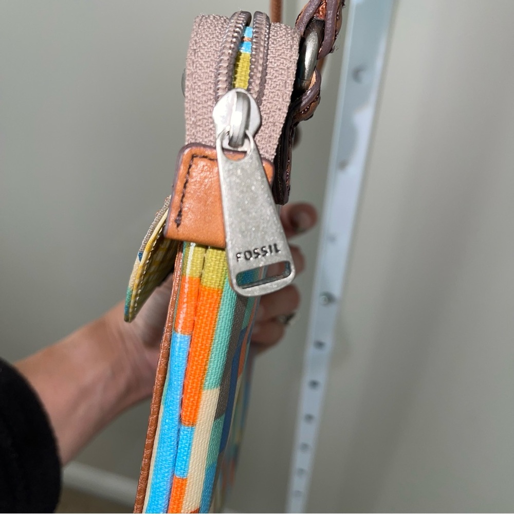 Fossil Key-Per Multicolor Stripe Crossbody Bag Small Canvas Leather Trim - Picture 5 of 8